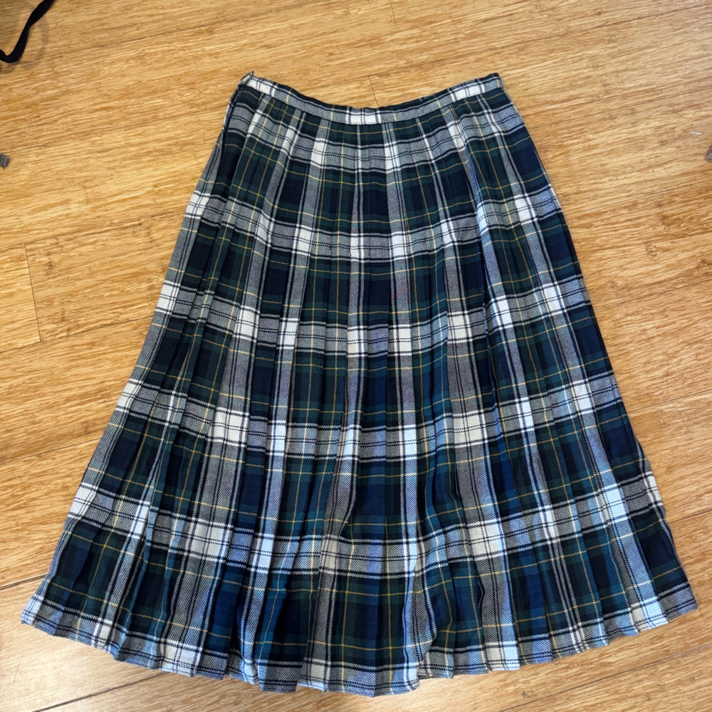 Tan Jay blue green plaid pleated midi skirt